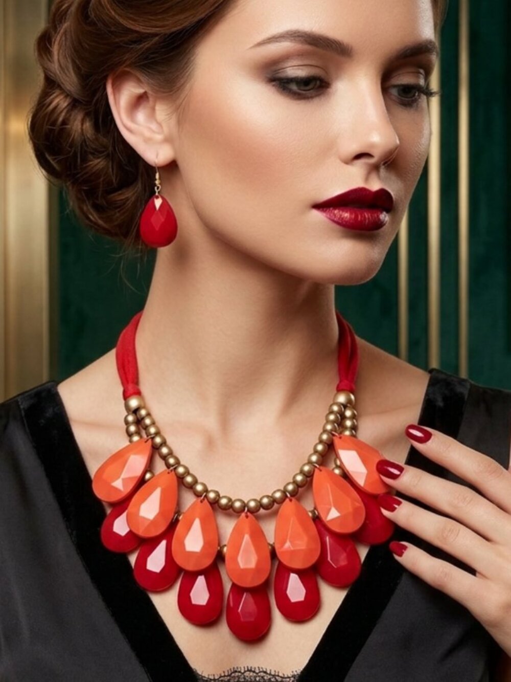 New! Bold Red & Orange Teardrop Statement Necklace and Earring Set - Roxanna